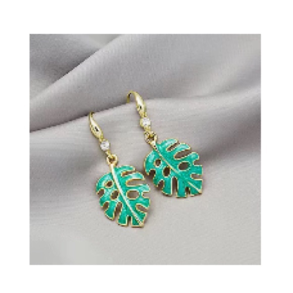 Gold and Green Monstera Leaf Drop Earrings - Picture 1 of 6